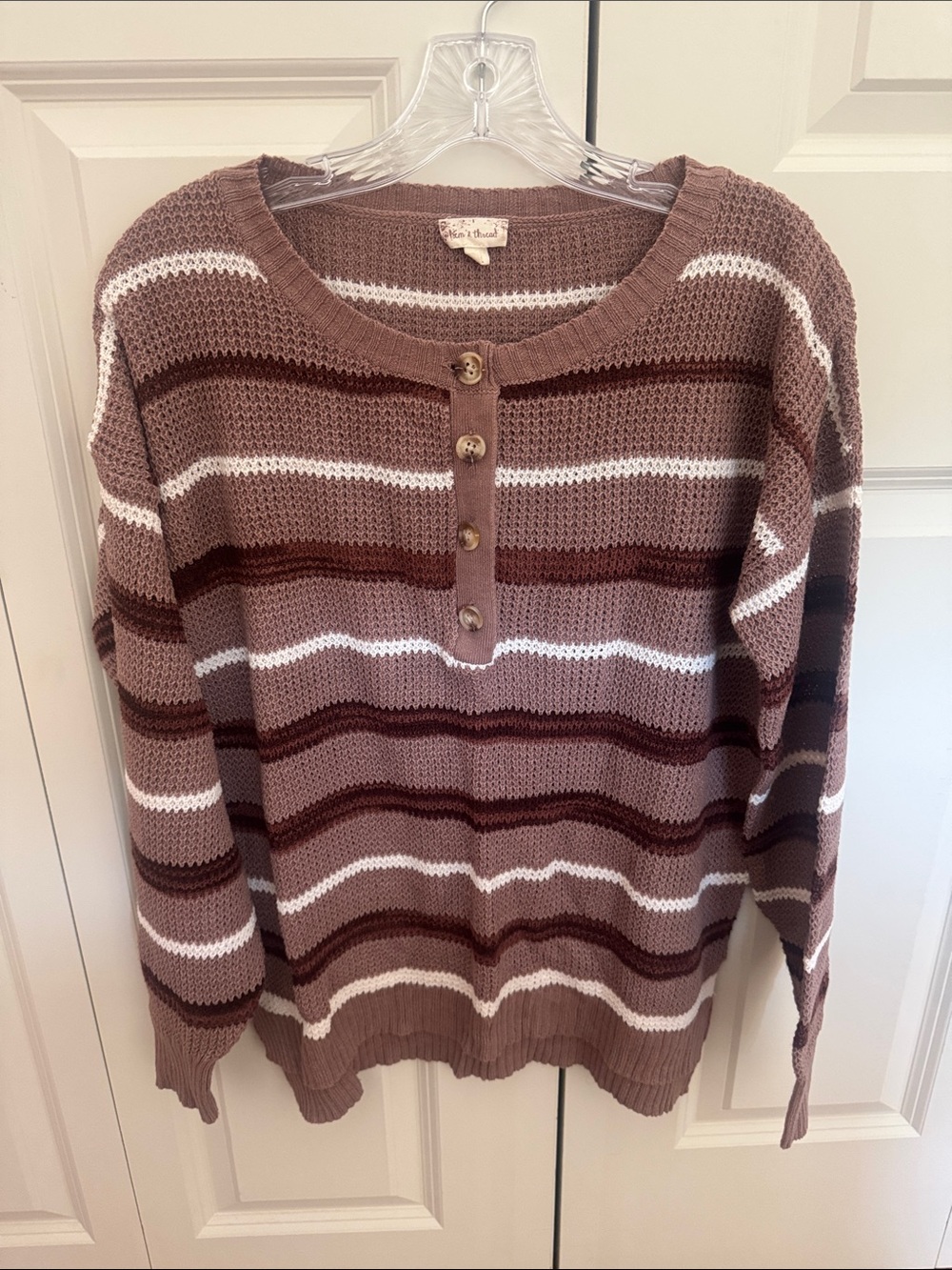 Hem & Thread Brown and White Striped Henley Sweater